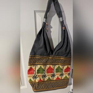 Black Ethnic Pattern Shoulder Bag with Multicolor Trim